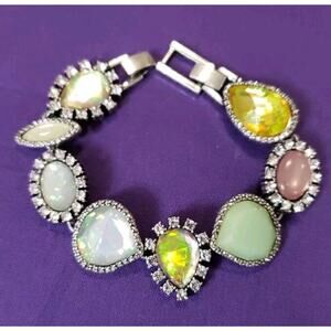 Chain Link Bracelet Green Yellow Pink Iridescent Simulated Opals & Rhinestones